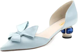 XYD Women D'Orsay Crystal Chunky Heel Bridal Bowknot Pumps Elegant Pointed Toe Wedding Prom Shoes