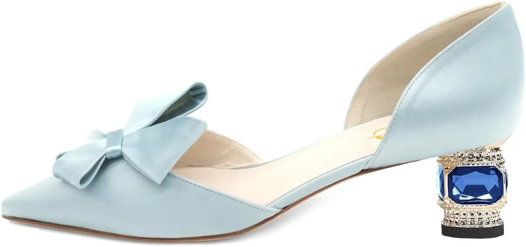 XYD Women D'Orsay Crystal Chunky Heel Bridal Bowknot Pumps Elegant Pointed Toe Wedding Prom Shoes