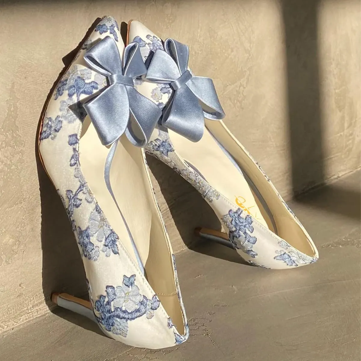 XYD Women Mid Heels Bridal Bowknot Pumps Elegant Pointed Closed Toe Slip-ons Wedding Prom Shoes