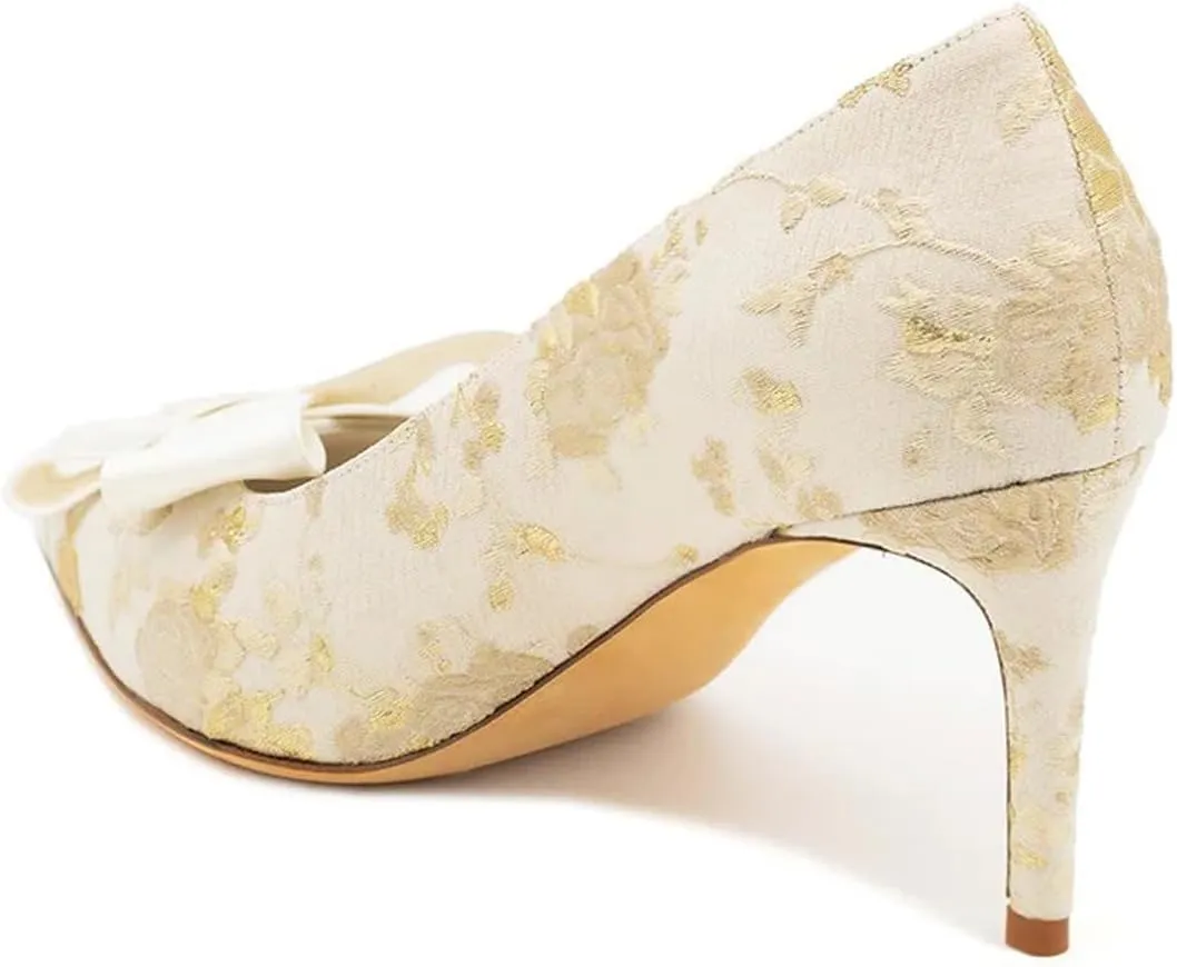 XYD Women Mid Heels Bridal Bowknot Pumps Elegant Pointed Closed Toe Slip-ons Wedding Prom Shoes