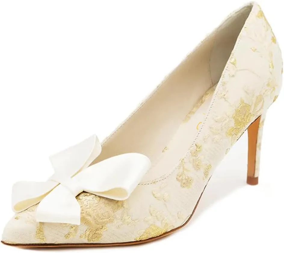 XYD Women Mid Heels Bridal Bowknot Pumps Elegant Pointed Closed Toe Slip-ons Wedding Prom Shoes