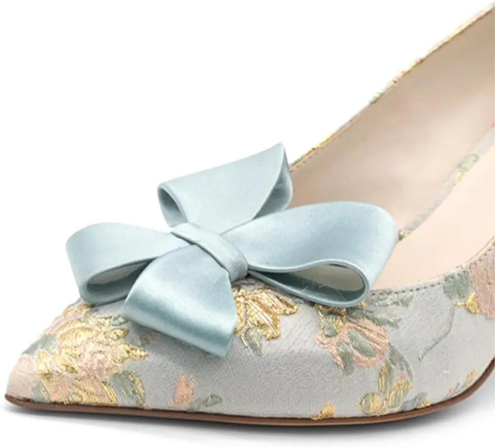 XYD Women Mid Heels Bridal Bowknot Pumps Elegant Pointed Closed Toe Slip-ons Wedding Prom Shoes