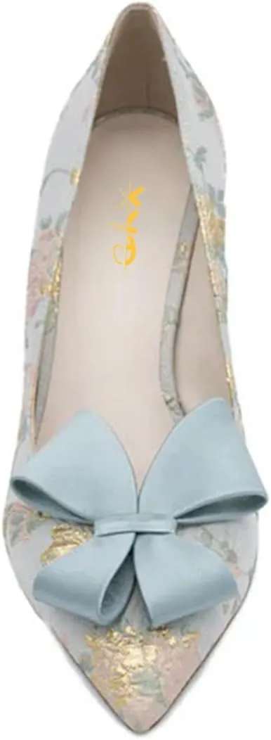 XYD Women Mid Heels Bridal Bowknot Pumps Elegant Pointed Closed Toe Slip-ons Wedding Prom Shoes