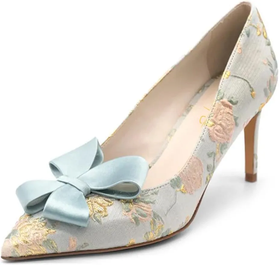 XYD Women Mid Heels Bridal Bowknot Pumps Elegant Pointed Closed Toe Slip-ons Wedding Prom Shoes