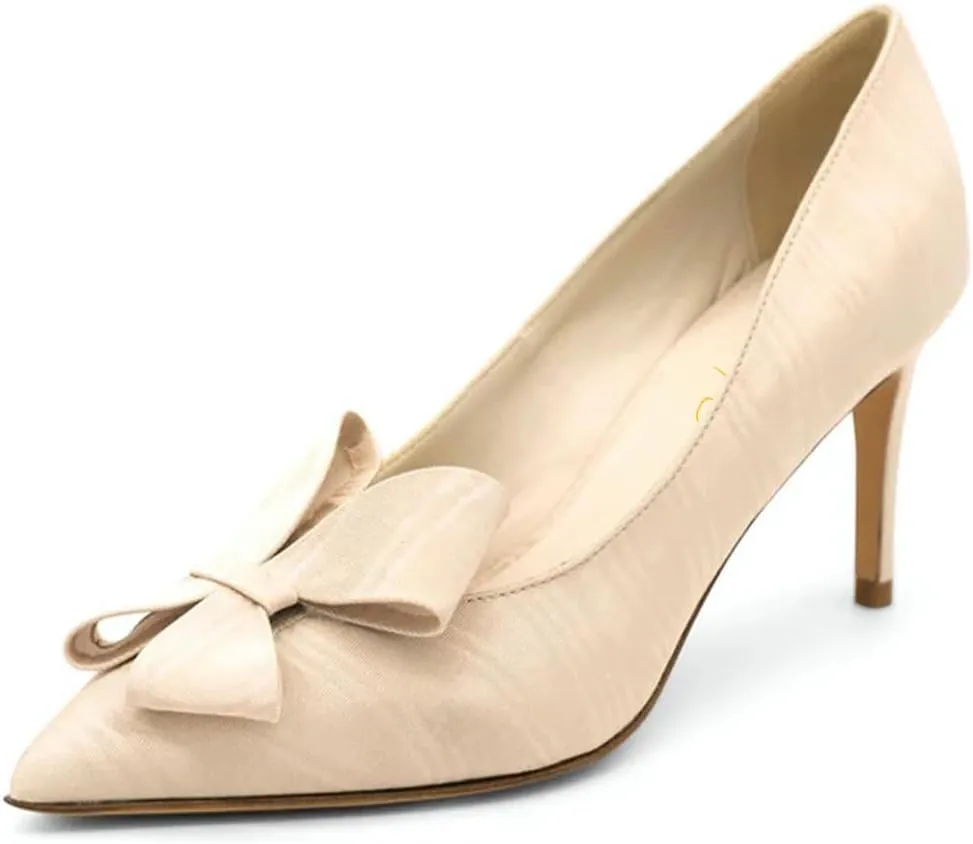 XYD Women Mid Heels Bridal Bowknot Pumps Elegant Pointed Closed Toe Slip-ons Wedding Prom Shoes