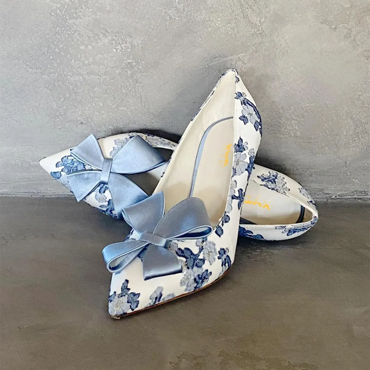 XYD Women Mid Heels Bridal Bowknot Pumps Elegant Pointed Closed Toe Slip-ons Wedding Prom Shoes