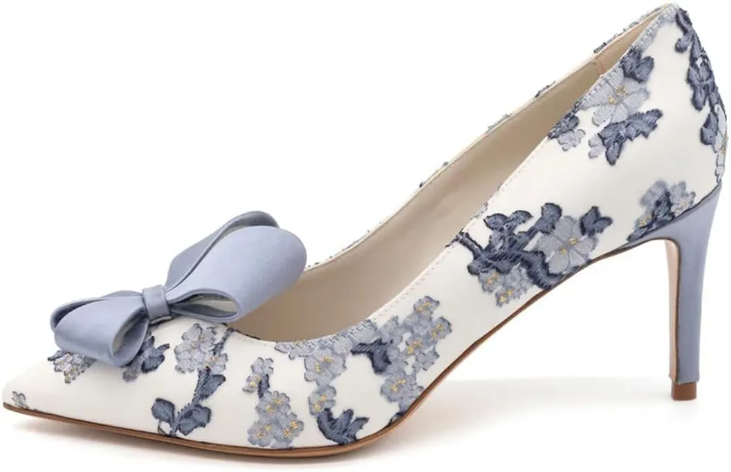 XYD Women Mid Heels Bridal Bowknot Pumps Elegant Pointed Closed Toe Slip-ons Wedding Prom Shoes