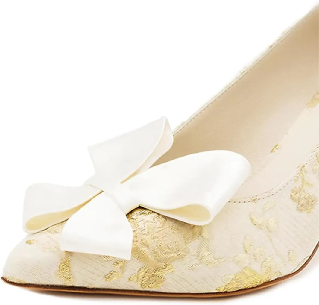 XYD Women Mid Heels Bridal Bowknot Pumps Elegant Pointed Closed Toe Slip-ons Wedding Prom Shoes