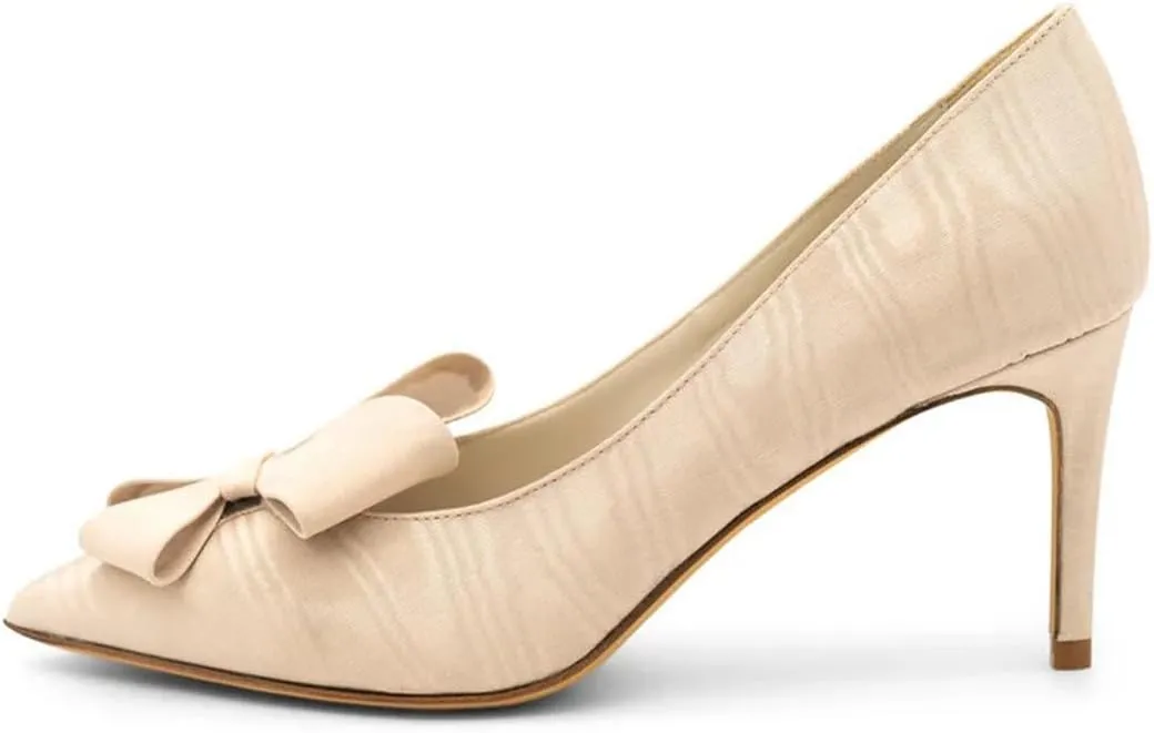 XYD Women Mid Heels Bridal Bowknot Pumps Elegant Pointed Closed Toe Slip-ons Wedding Prom Shoes