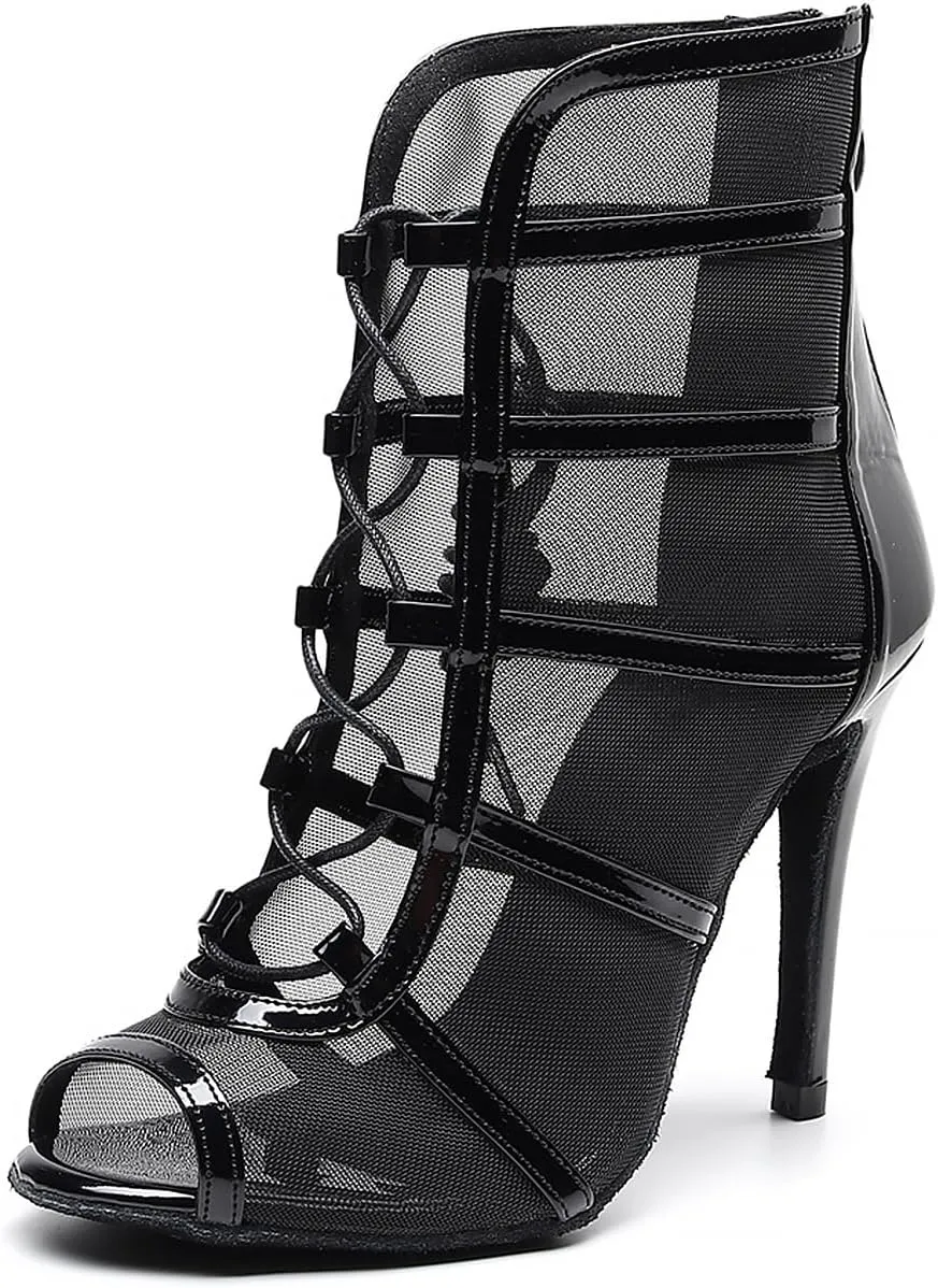 YKXLM Latin Dance Boots Salsa Women Ballroom Lace-up Ankle Open Toe Dance Shoes