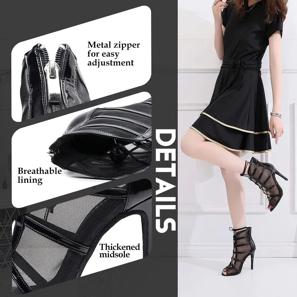 YKXLM Latin Dance Boots Salsa Women Ballroom Lace-up Ankle Open Toe Dance Shoes