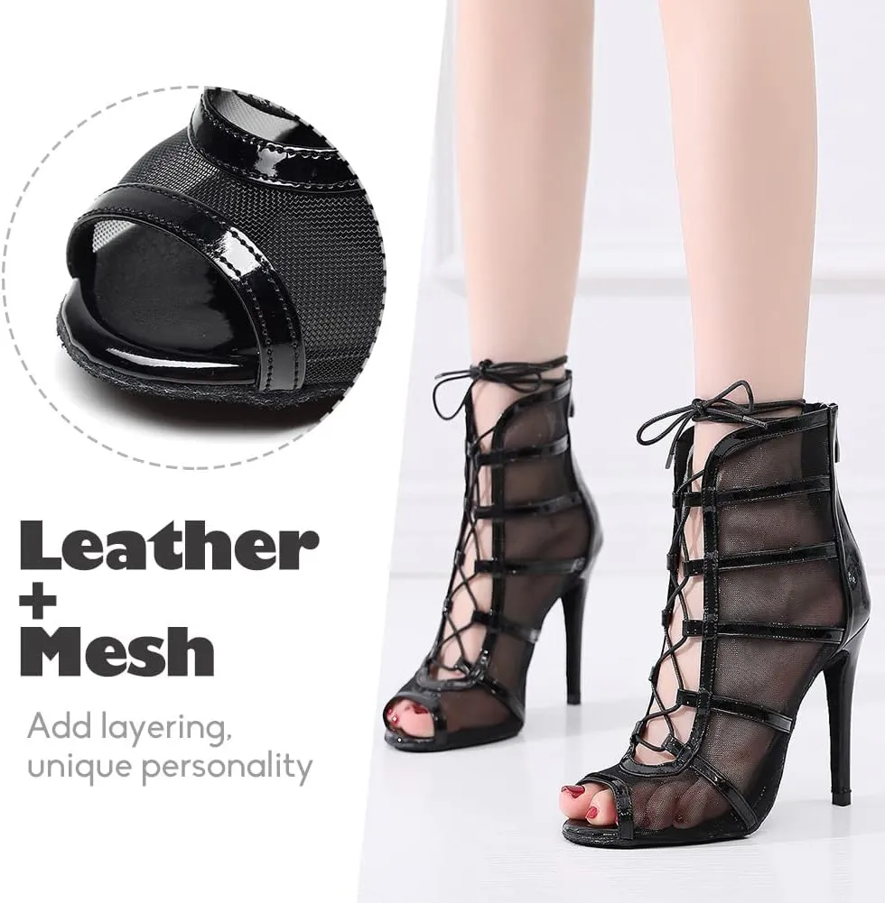 YKXLM Latin Dance Boots Salsa Women Ballroom Lace-up Ankle Open Toe Dance Shoes