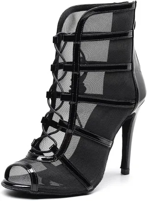 YKXLM Latin Dance Boots Salsa Women Ballroom Lace-up Ankle Open Toe Dance Shoes