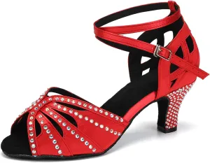 YKXLM Women Rhinestone Ballroom Dance Shoes Latin Performance Dance Shoes Women Suede Sole,2 1/3 inch Heel,Red,7US
