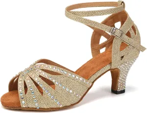 YKXLM Women Rhinestone Ballroom Dance Shoes Latin Performance Dance Shoes Women Suede Sole