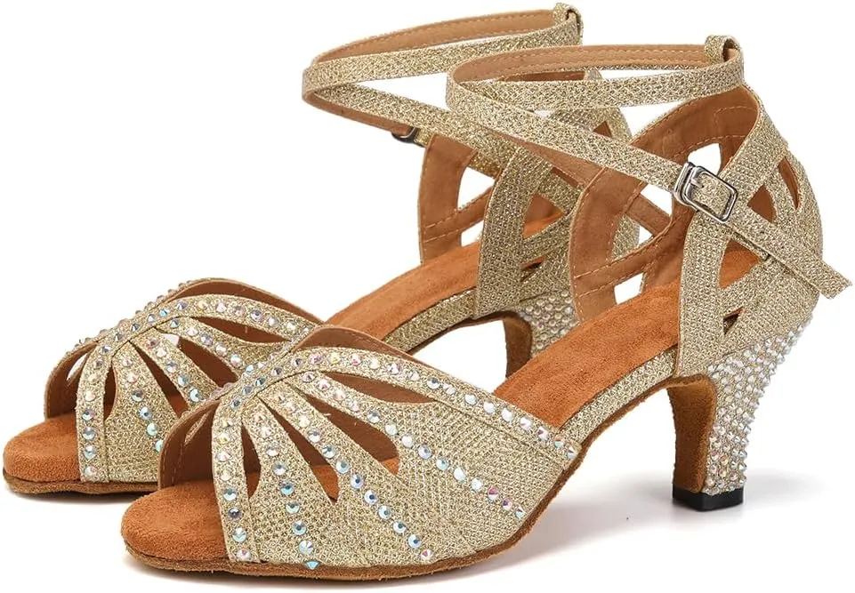 YKXLM Women Rhinestone Ballroom Dance Shoes Latin Performance Dance Shoes Women Suede Sole