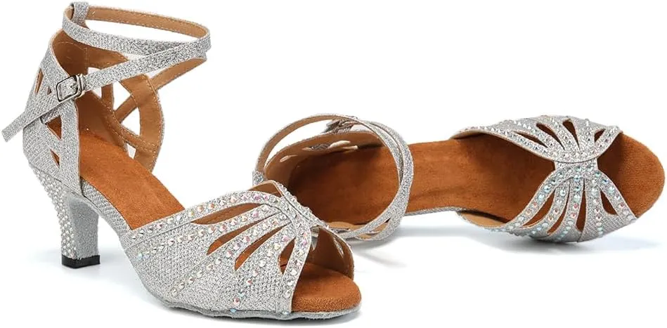 YKXLM Women Rhinestone Ballroom Dance Shoes Latin Performance Dance Shoes Women Suede Sole