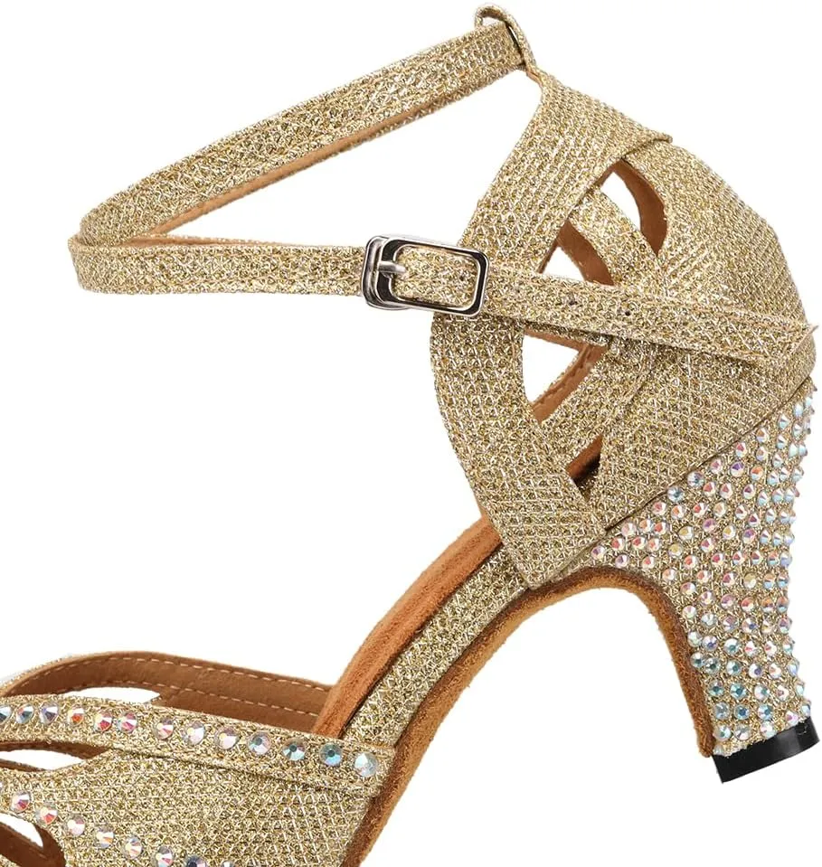 YKXLM Women Rhinestone Ballroom Dance Shoes Latin Performance Dance Shoes Women Suede Sole