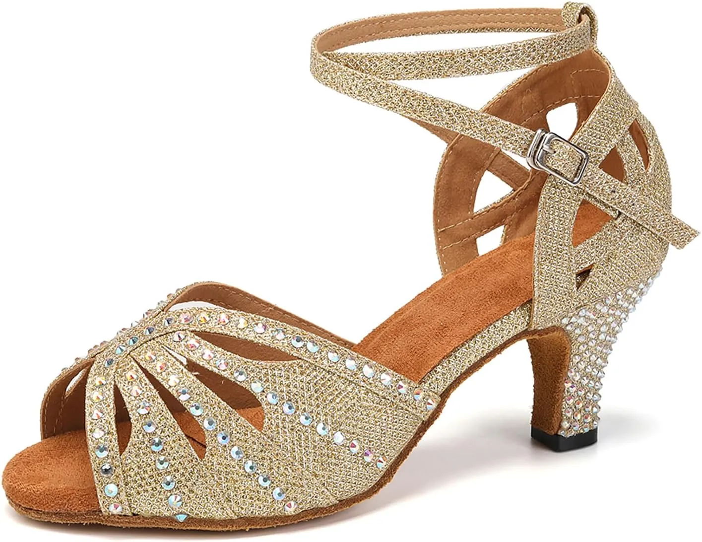 YKXLM Women Rhinestone Ballroom Dance Shoes Latin Performance Dance Shoes Women Suede Sole