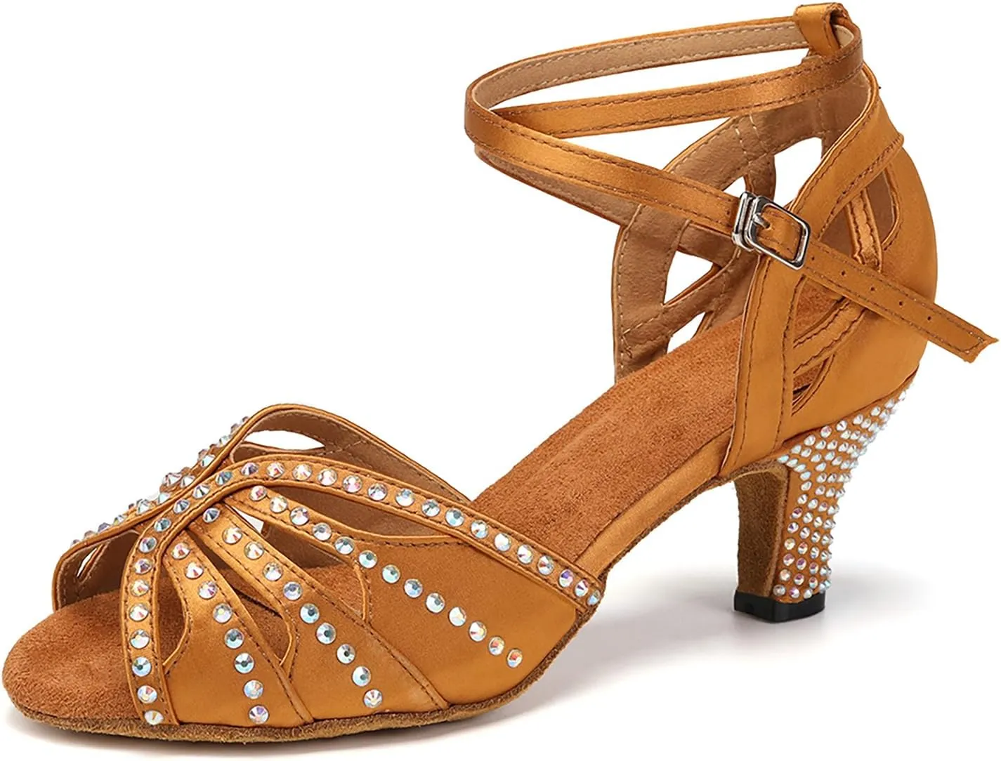 YKXLM Women Rhinestone Ballroom Dance Shoes Latin Performance Dance Shoes Women Suede Sole