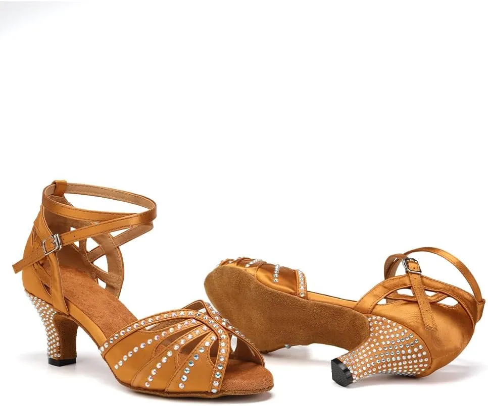 YKXLM Women Rhinestone Ballroom Dance Shoes Latin Performance Dance Shoes Women Suede Sole