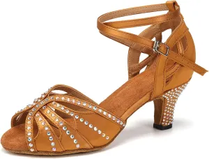 YKXLM Women Rhinestone Ballroom Dance Shoes Latin Performance Dance Shoes Women Suede Sole