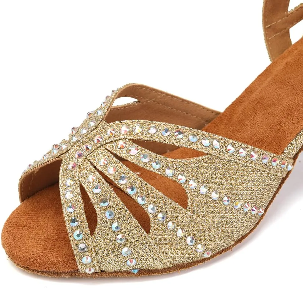 YKXLM Women Rhinestone Ballroom Dance Shoes Latin Performance Dance Shoes Women Suede Sole