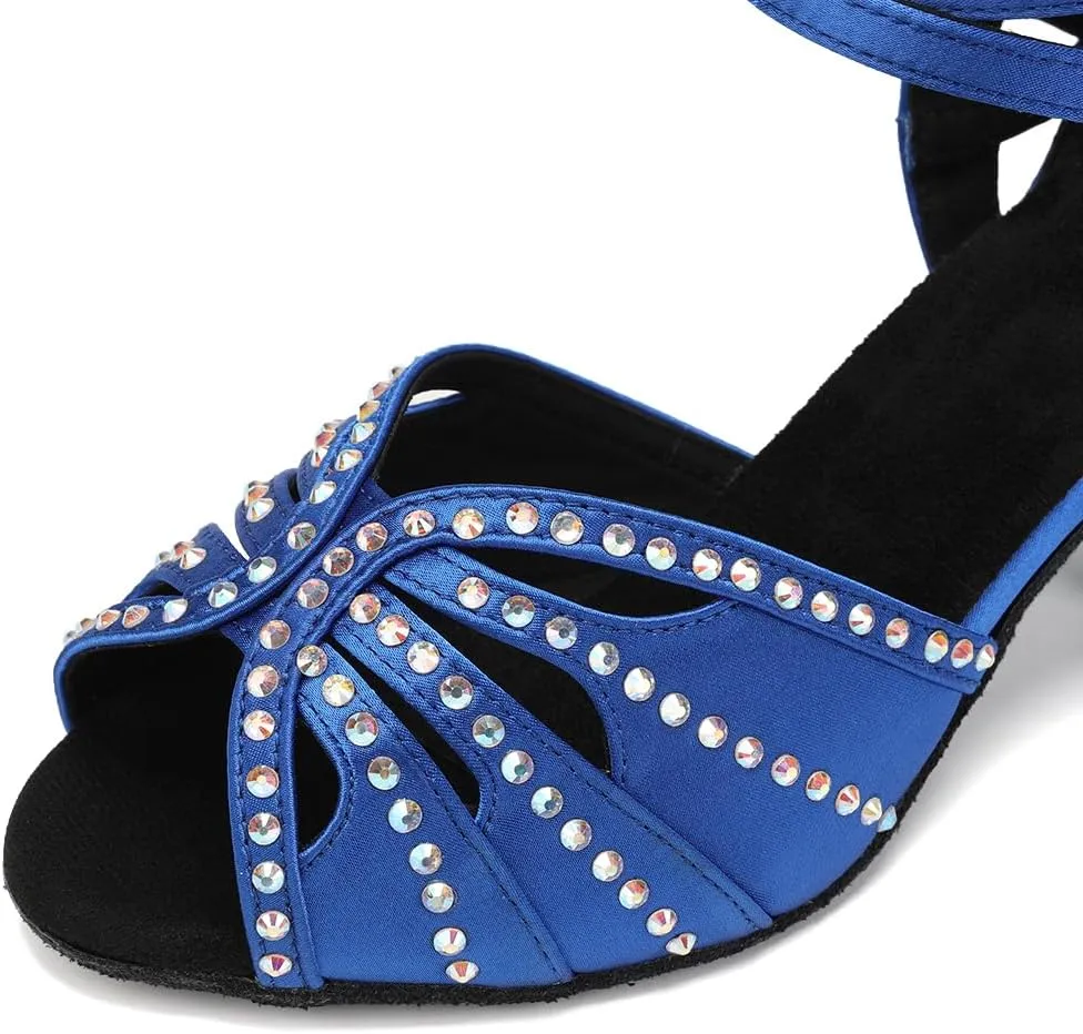 YKXLM Women Rhinestone Ballroom Dance Shoes Latin Performance Dance Shoes Women Suede Sole