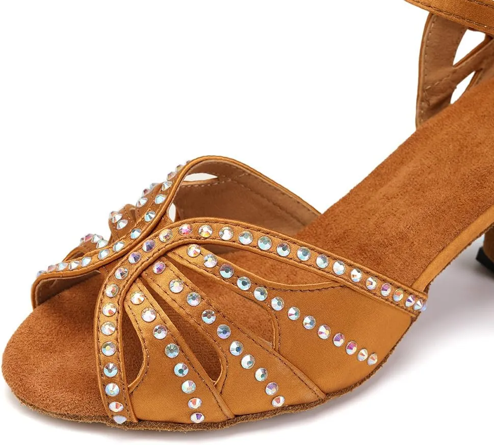 YKXLM Women Rhinestone Ballroom Dance Shoes Latin Performance Dance Shoes Women Suede Sole