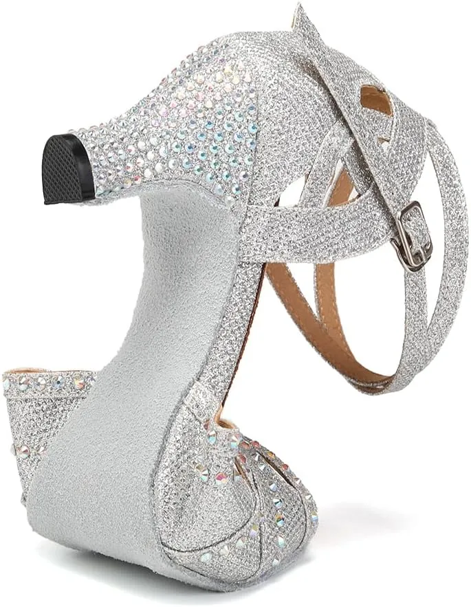 YKXLM Women Rhinestone Ballroom Dance Shoes Latin Performance Dance Shoes Women Suede Sole