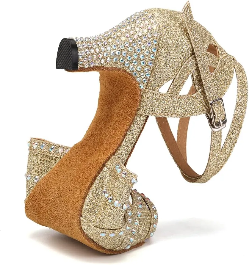 YKXLM Women Rhinestone Ballroom Dance Shoes Latin Performance Dance Shoes Women Suede Sole