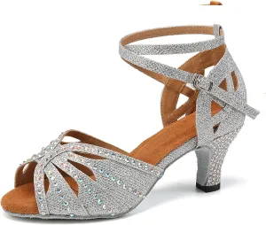 YKXLM Women Rhinestone Ballroom Dance Shoes Latin Performance Dance Shoes Women Suede Sole