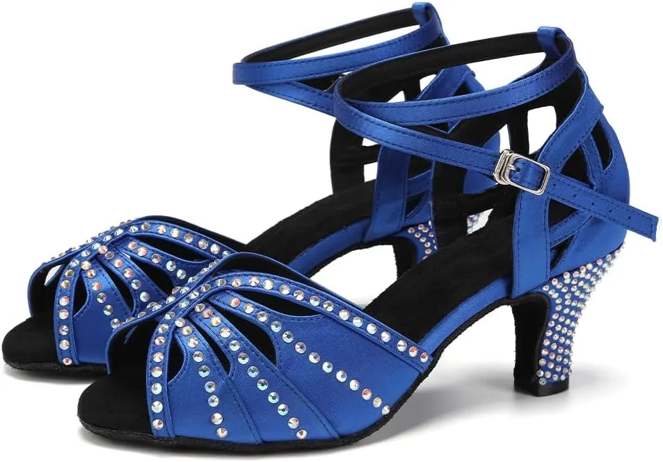 YKXLM Women Rhinestone Ballroom Dance Shoes Latin Performance Dance Shoes Women Suede Sole