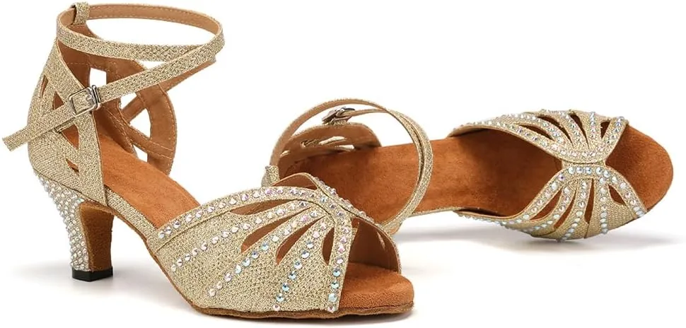 YKXLM Women Rhinestone Ballroom Dance Shoes Latin Performance Dance Shoes Women Suede Sole
