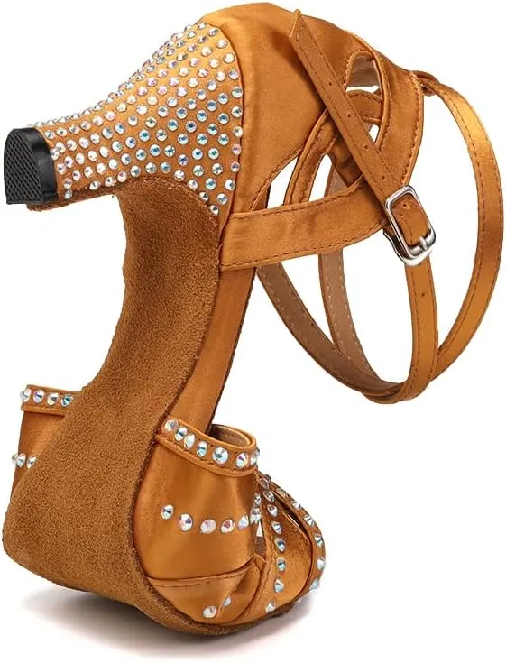 YKXLM Women Rhinestone Ballroom Dance Shoes Latin Performance Dance Shoes Women Suede Sole