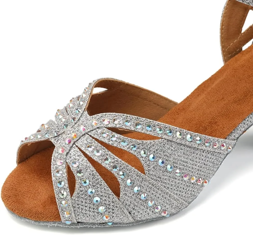 YKXLM Women Rhinestone Ballroom Dance Shoes Latin Performance Dance Shoes Women Suede Sole