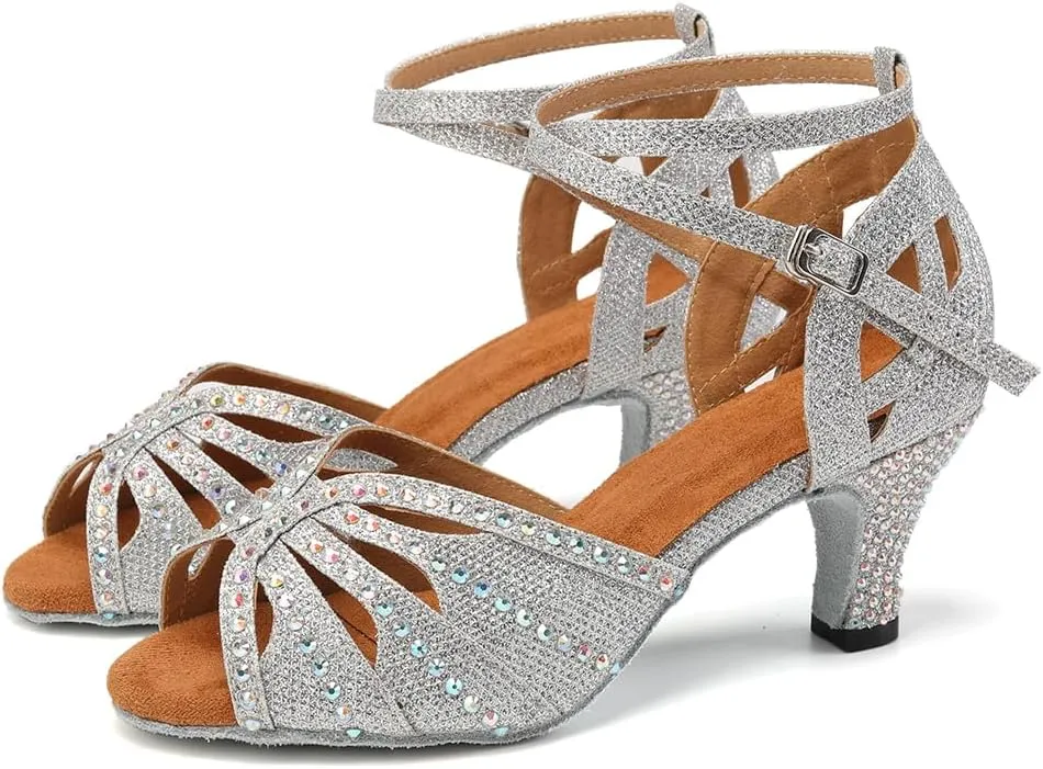 YKXLM Women Rhinestone Ballroom Dance Shoes Latin Performance Dance Shoes Women Suede Sole
