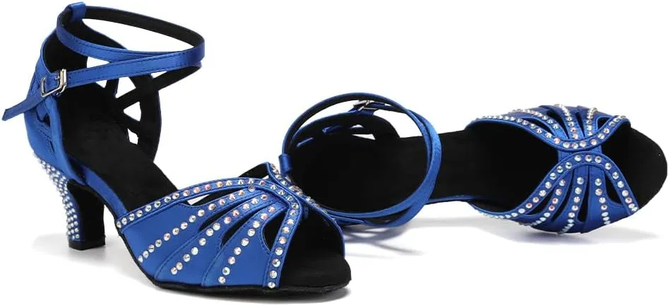 YKXLM Women Rhinestone Ballroom Dance Shoes Latin Performance Dance Shoes Women Suede Sole
