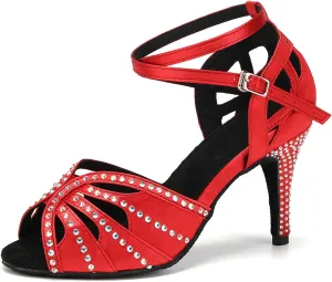 YKXLM Women Rhinestone Ballroom Dance Shoes Latin Performance Dance Shoes Women Suede Sole,L162,3 1/3 inches Heel,Red,5 US