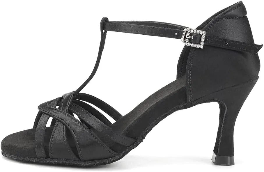 YKXLM Women's Satin Latin Dance Shoes Ballroom Salsa Tango Professional Performance Practice Dancing Shoes,3038T,Black,7.5 US
