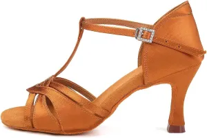YKXLM Women's Satin Latin Dance Shoes Ballroom Salsa Tango Professional Performance Practice Dancing Shoes,3038T,Brown,7.5 US