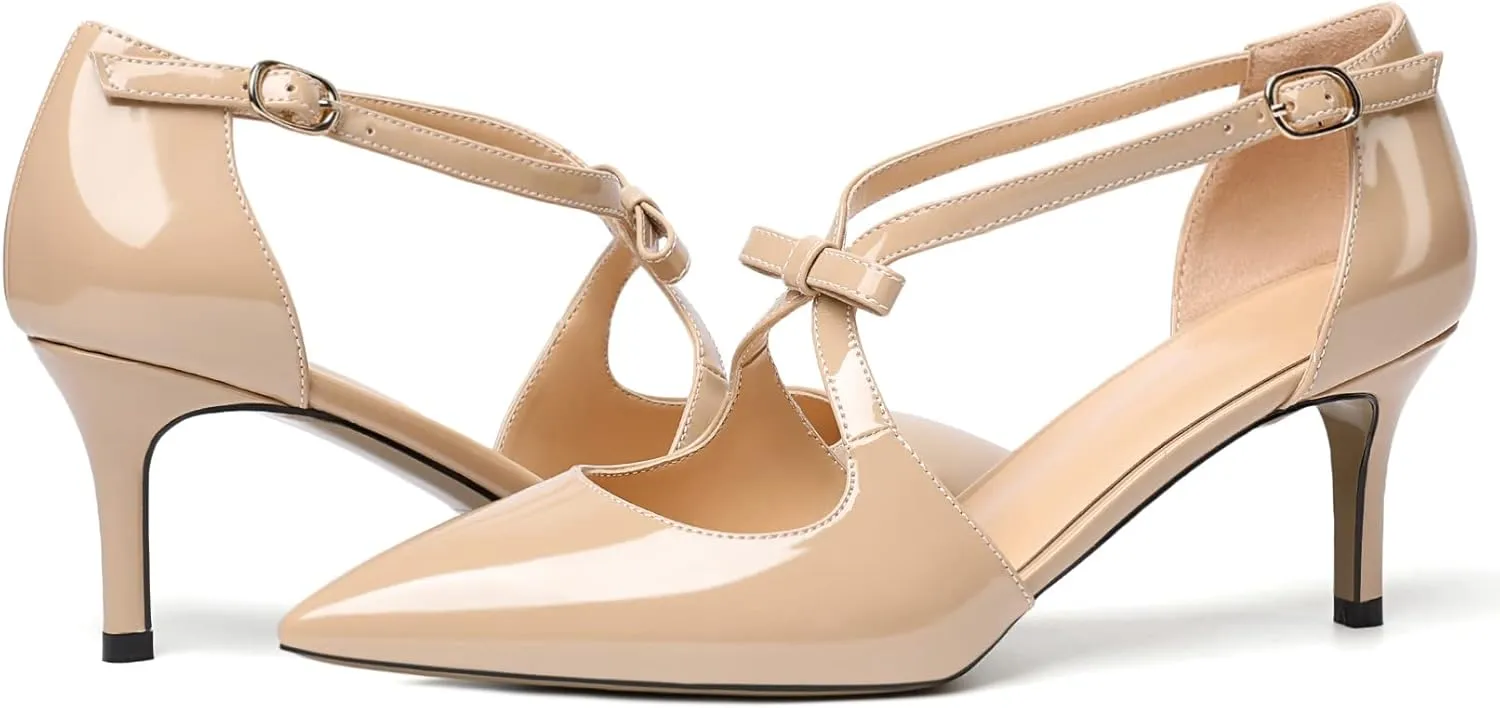 YODEKS Women's Kitten Heel Pumps, Pointed Toe Heels with Crossed Strap,D'Orsay Low Heeled 2.5 Inch Knot Casual Wedding Shoes for Women Fashion Dress Shoes