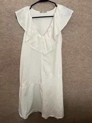 Zara White Ruffled V-neck Sleeveless Cotton Dress Size Small
