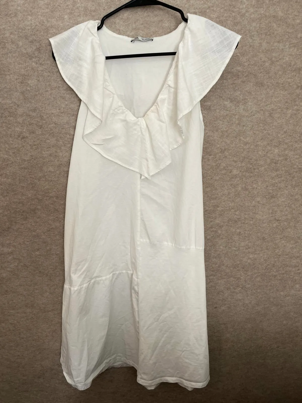 Zara White Ruffled V-neck Sleeveless Cotton Dress Size Small